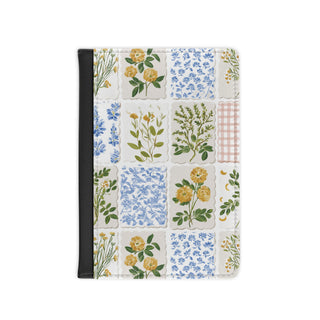 Floral patchwork passport cover in blue, yellow and cream