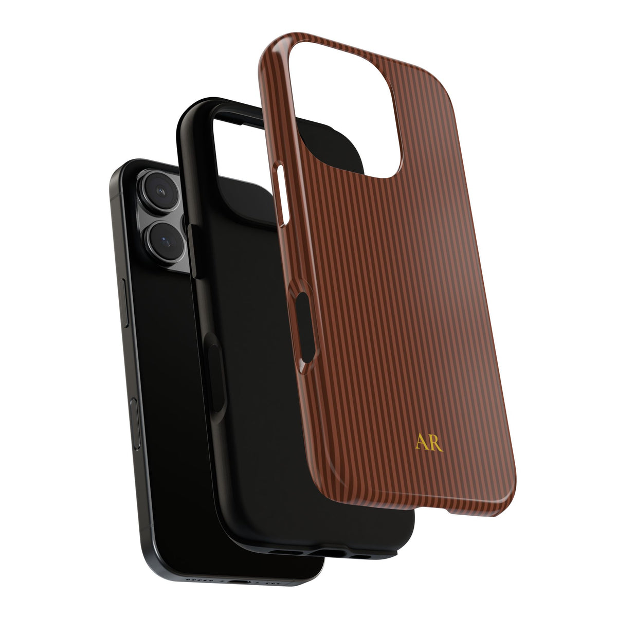 Monogrammed walnut brown striped tough phone case showing the raised camera edge