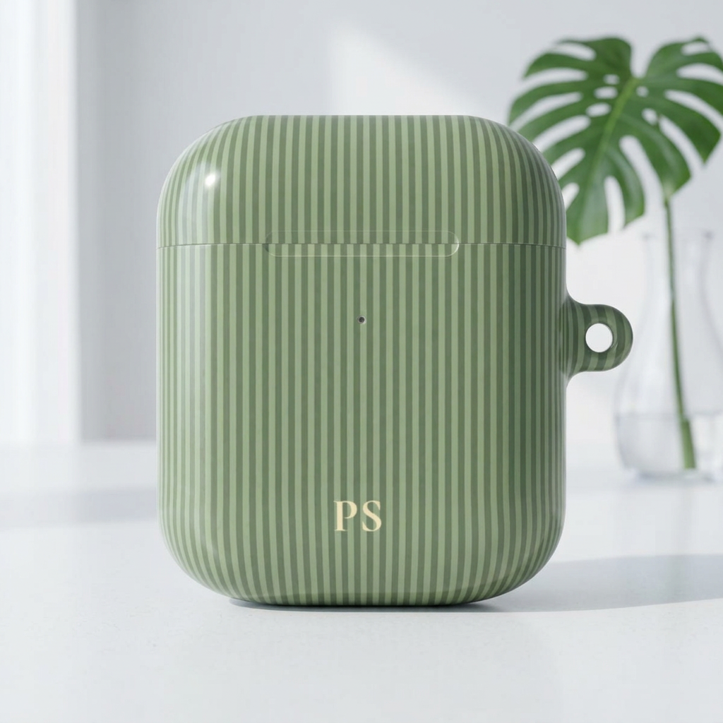 Personalized sage green striped AirPod case with initials in warm gold