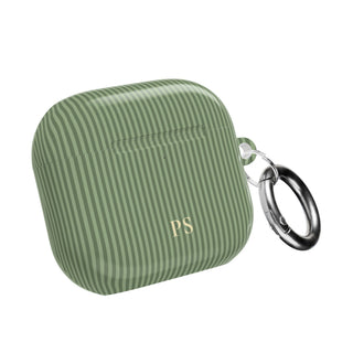 Personalized sage green striped AirPod case with gold monogram
