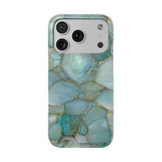 Teal marble phone case with card holder, ochre veining on aqua stone