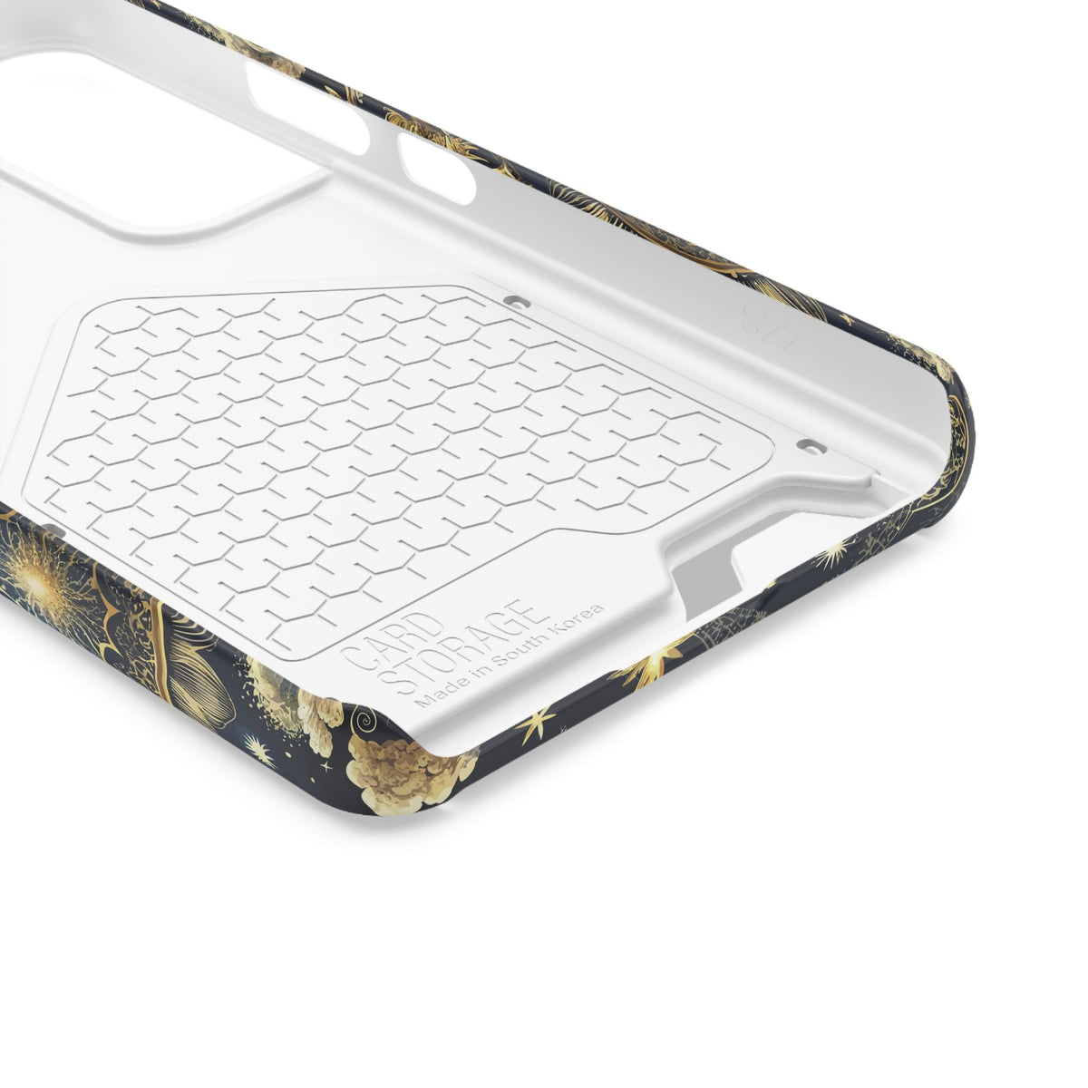 Navy celestial phone case with card holder, yellow suns and moons on midnight blue