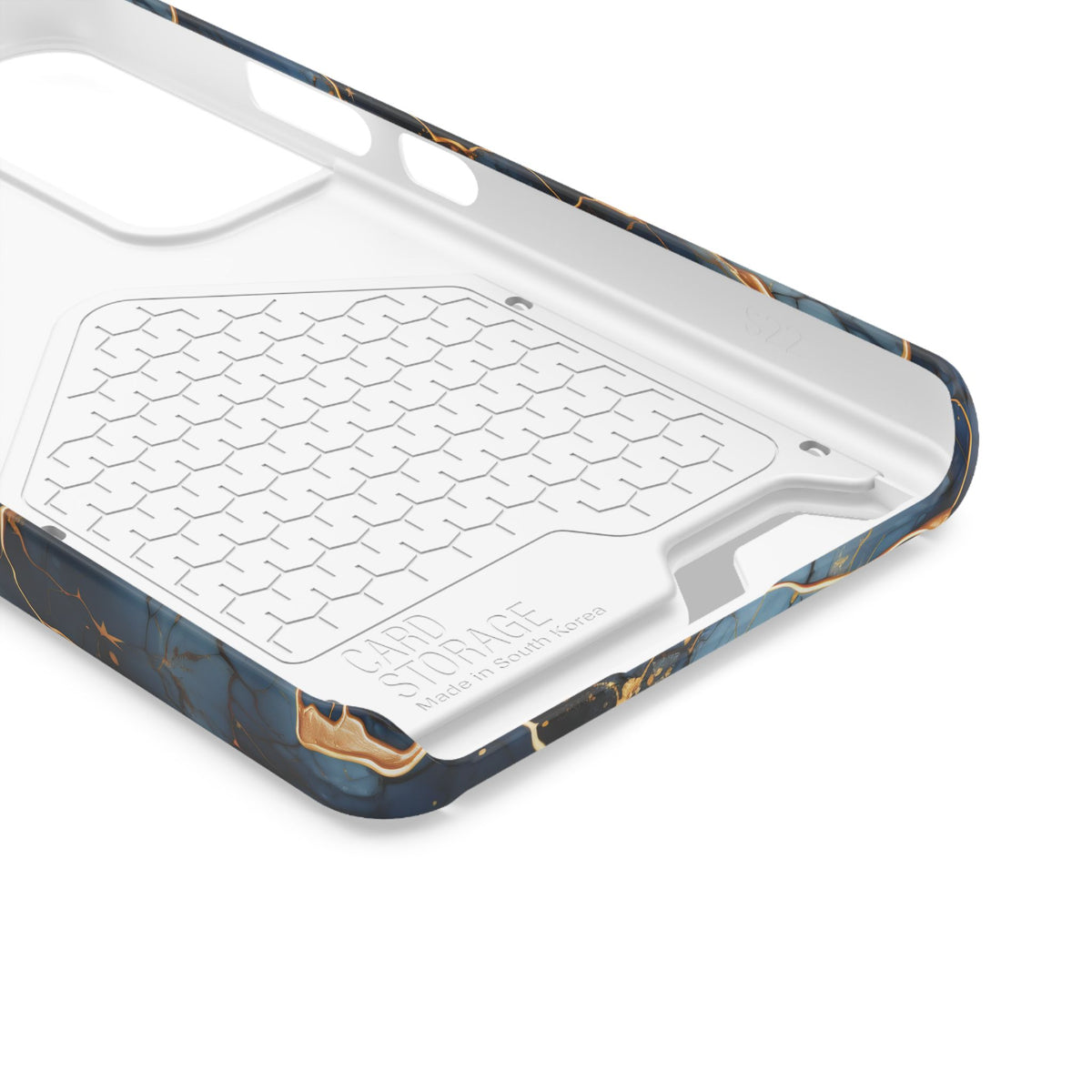 Navy marble print phone case with card holder, ochre-toned veins on deep blue