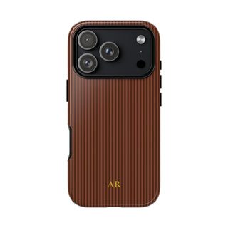 Personalized walnut brown striped tough phone case with yellow monogram