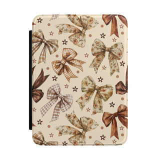 Bow print Kindle case in brown and cream with gingham, satin and floral bows
