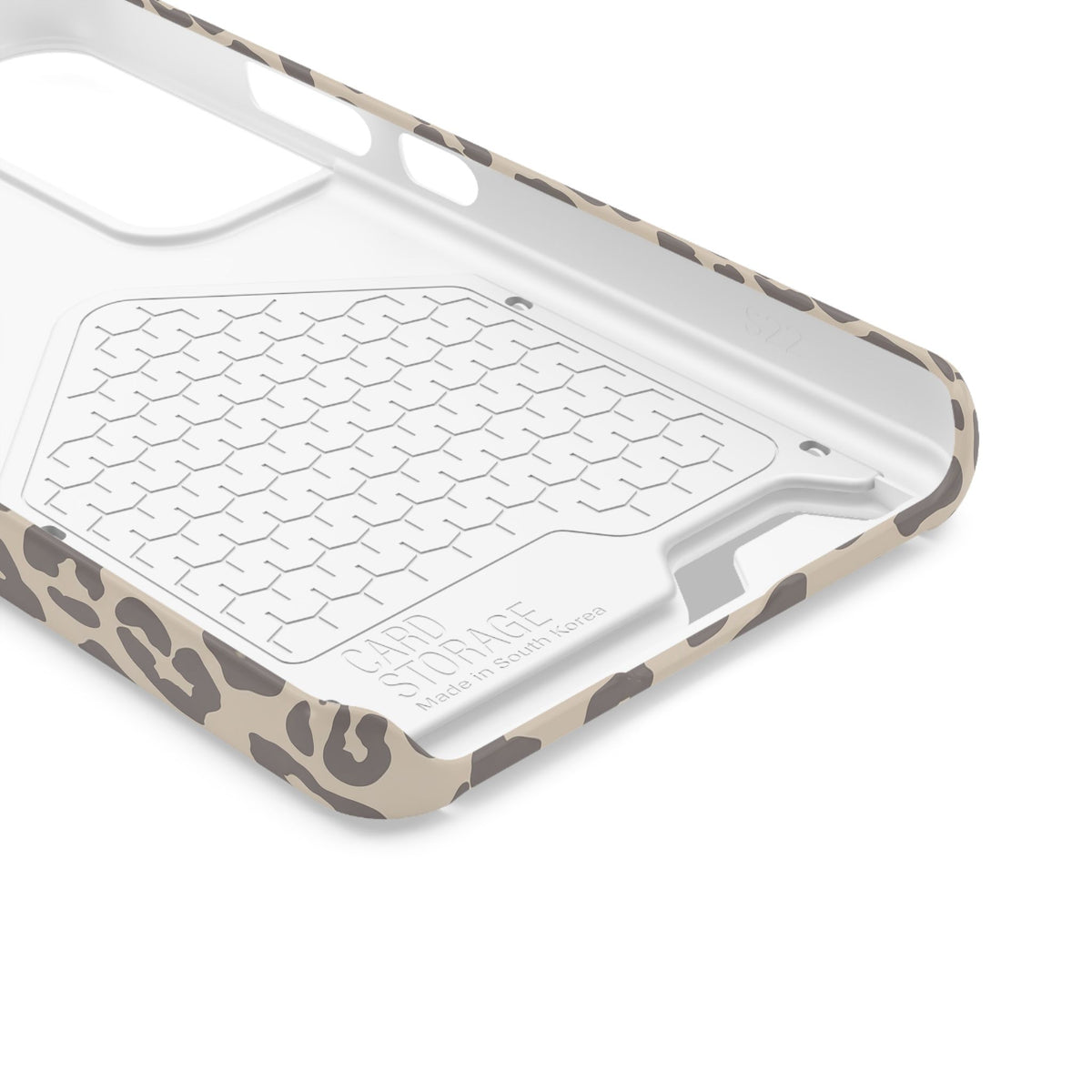Beige leopard print phone case with card holder, taupe rosettes on beige