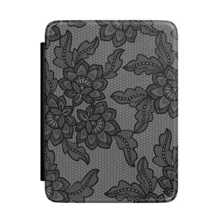 Black lace print Kindle case, black floral lace on gray