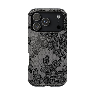 Black lace print MagSafe phone case, back view