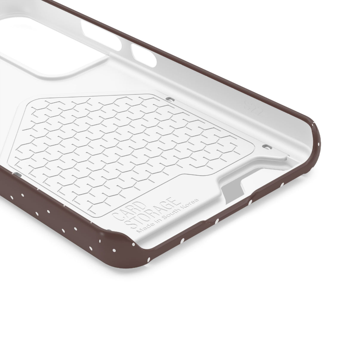Brown polka dot phone case with card holder, small white dots on brown