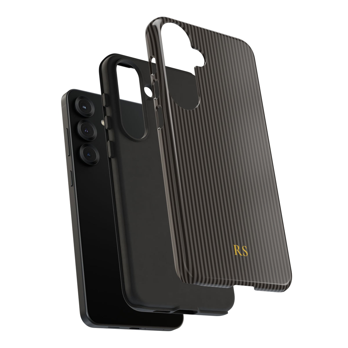 Charcoal striped tough phone case with monogram detail close up