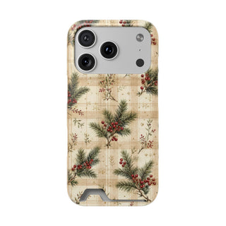 Christmas pine plaid phone case with card holder, pine sprigs and red berries