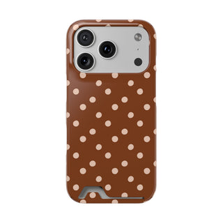 Cinnamon polka dot phone case with card holder, front view
