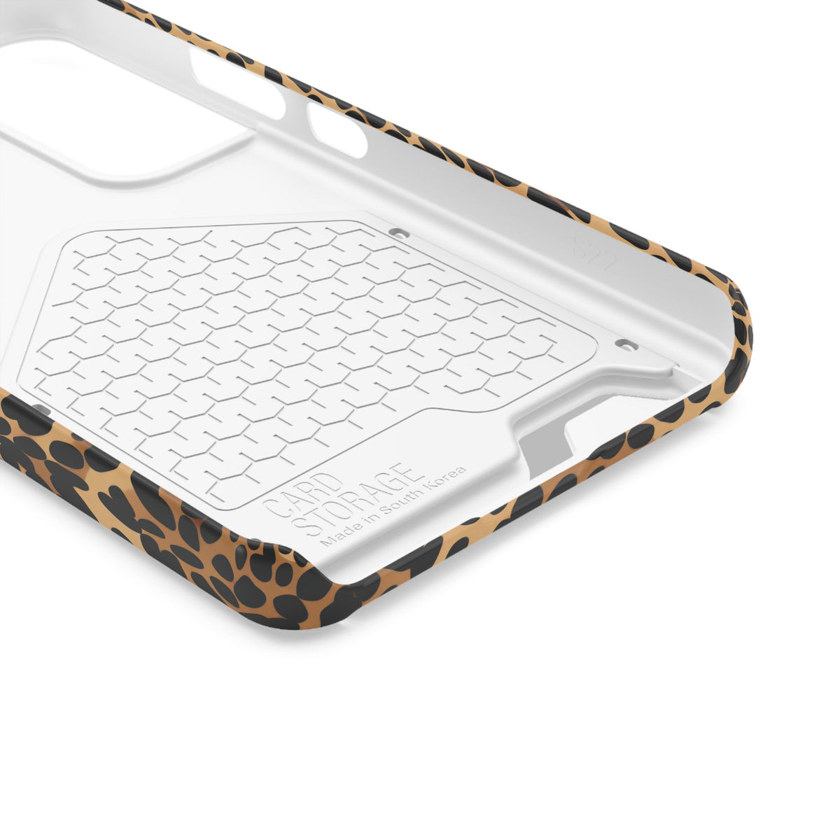 Classic cheetah print phone case with card holder, black spots on warm tan