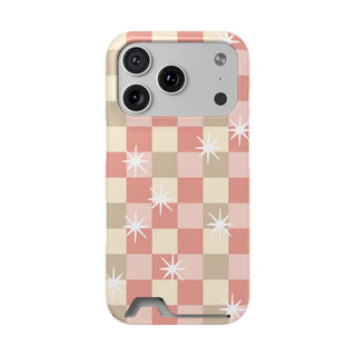 Coral checkered card holder phone case, back view