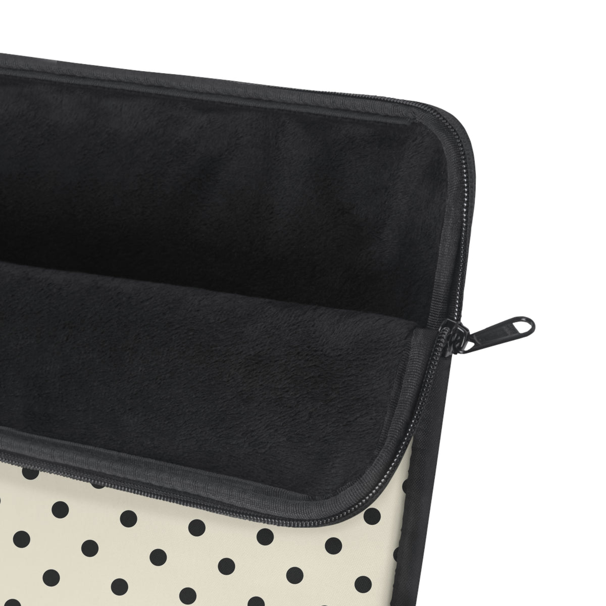 Polka dot laptop sleeve with black zipper and trim