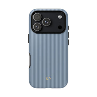 Personalized dusty blue striped tough phone case with yellow monogram