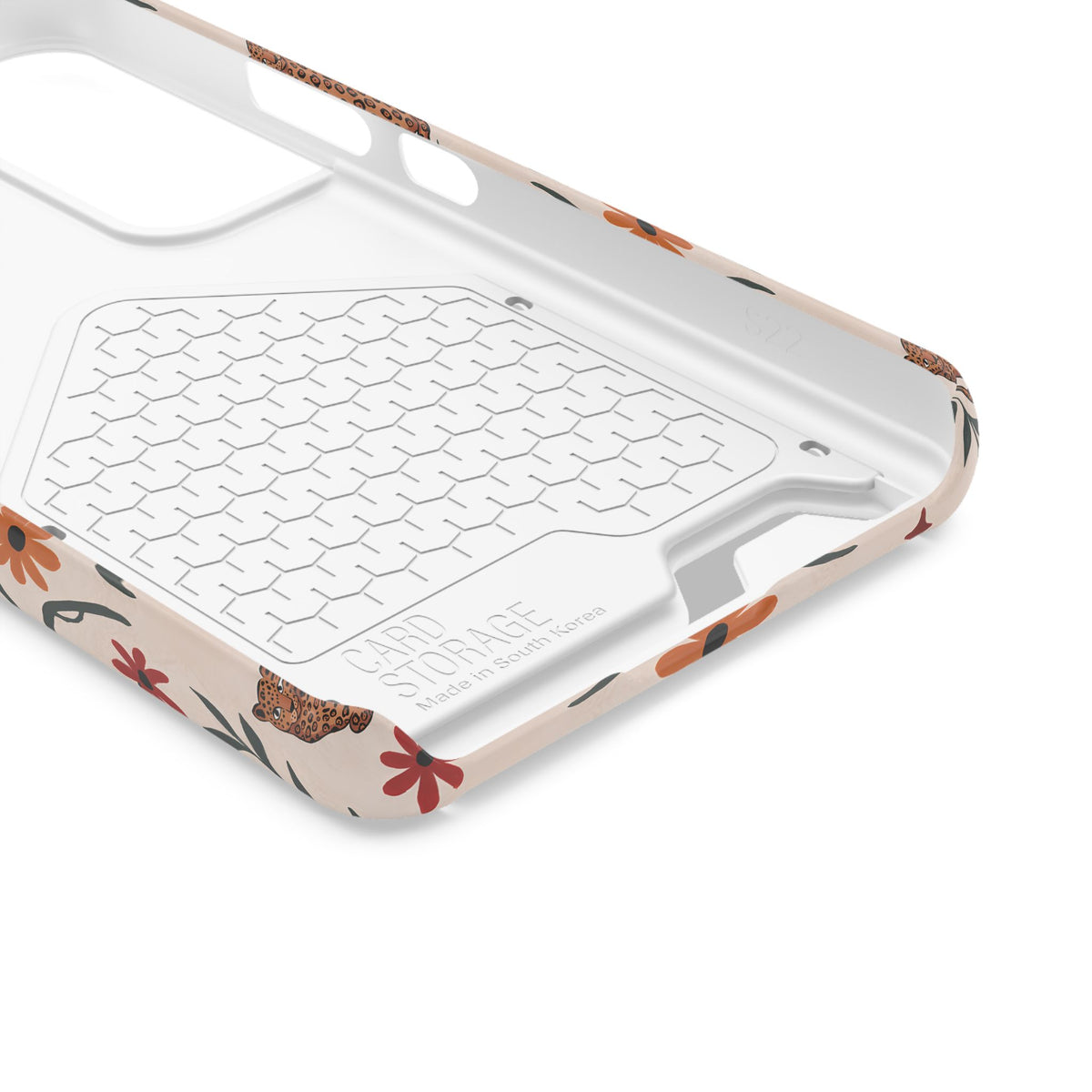 Leopard garden phone case with card holder, illustrated leopards and red daisies on cream