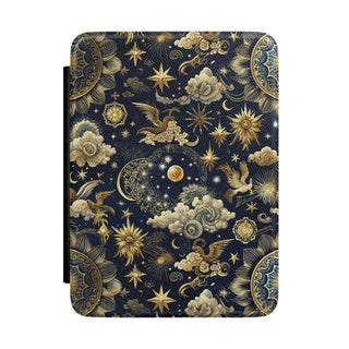 Navy celestial Kindle case with yellow suns, moons and stars