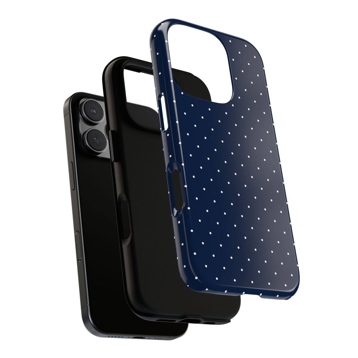 Navy blue tough phone case with an even grid of white dots