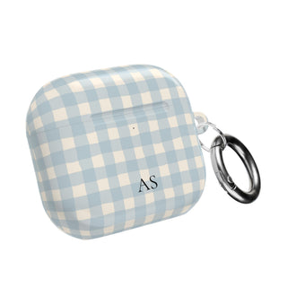 Personalized blue gingham AirPod case with initials, front view