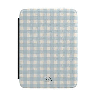 Personalized blue gingham Kindle case with initials on the front cover