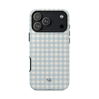 Personalized blue gingham tough phone case with initials, front view