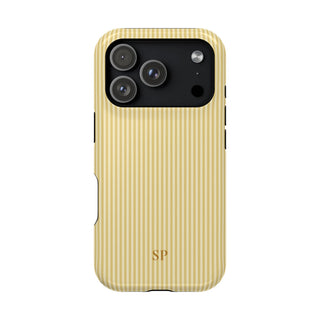 Personalized butter yellow striped MagSafe phone case with initials, back view