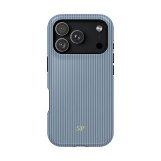 Personalized dusty blue striped MagSafe phone case with initials, back view