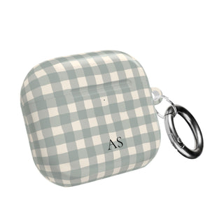Personalized eucalyptus gingham AirPod case with initials, front view