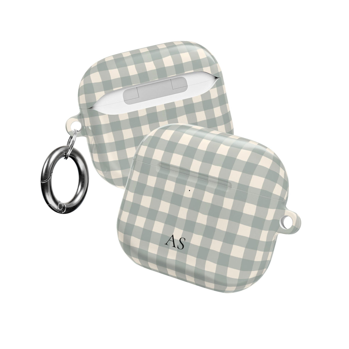 Personalized eucalyptus gingham AirPod case, lifestyle view