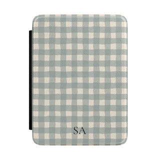 Personalized eucalyptus gingham Kindle case with initials on the front cover