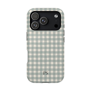 Personalized eucalyptus gingham MagSafe phone case with initials, back view