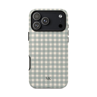 Personalized eucalyptus gingham tough phone case with initials, front view