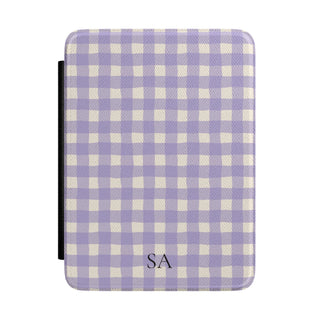 Personalized lavender gingham Kindle case with initials on the front cover