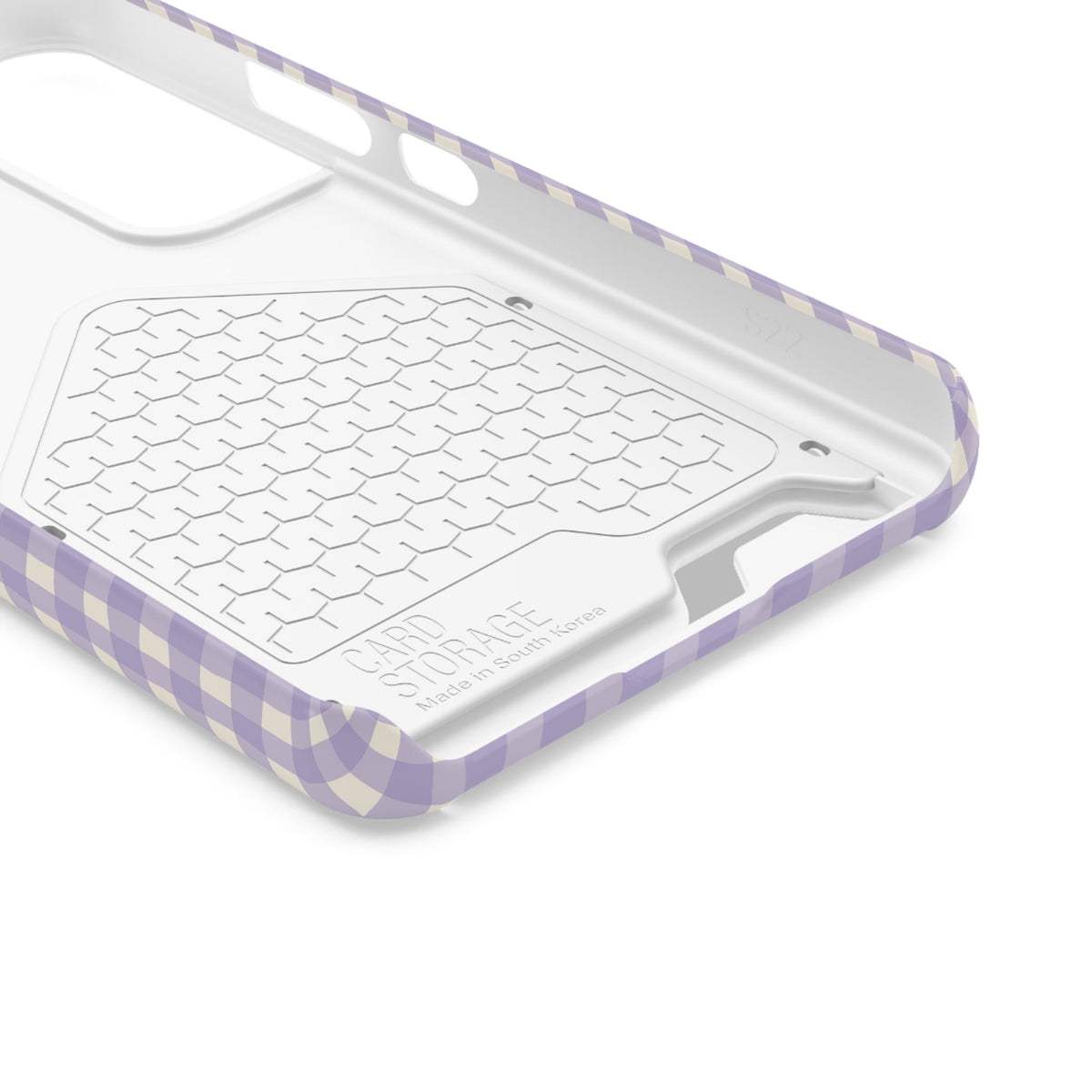 Personalized lavender gingham phone case with card holder, lifestyle view