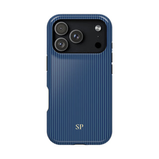 Personalized navy blue striped MagSafe phone case with initials, back view