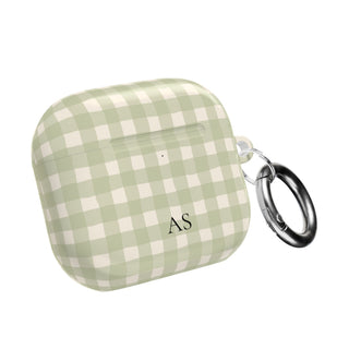 Personalized sage gingham AirPod case with initials, front view