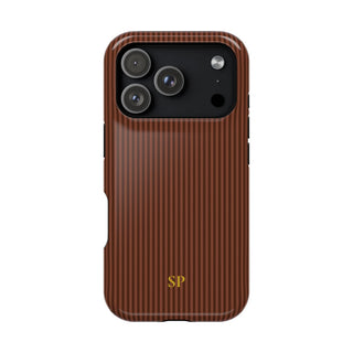 Personalized walnut brown striped MagSafe phone case with initials, back view