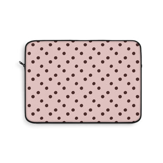 Pink and brown polka dot laptop sleeve, chocolate dots on soft pink