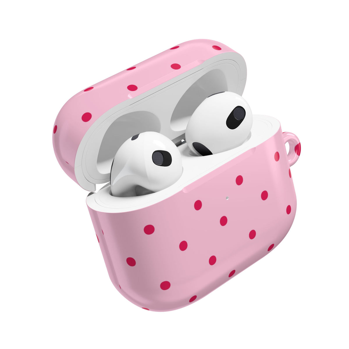Pink AirPod case with an even grid of red dots