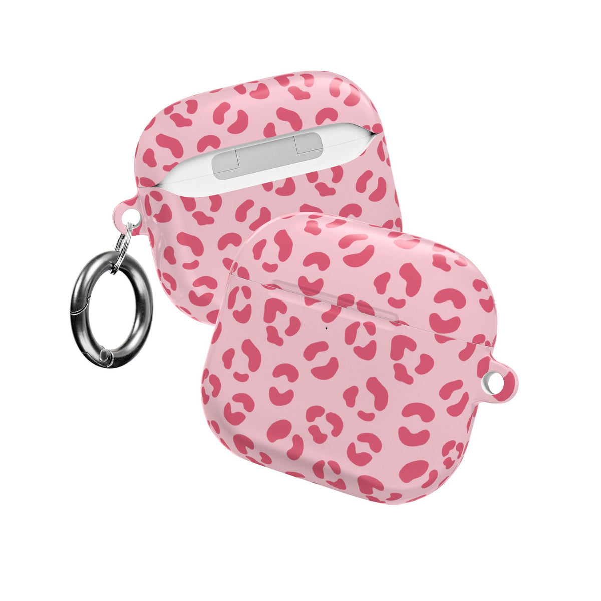 Pink leopard print AirPod case, angled view