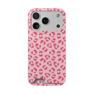 Pink leopard print phone case with card holder, front view