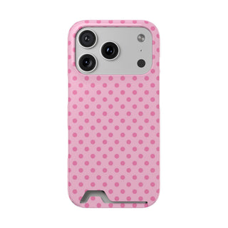 Pink polka dot phone case with a card slot