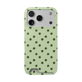 Sage green polka dot phone case with card holder, front view
