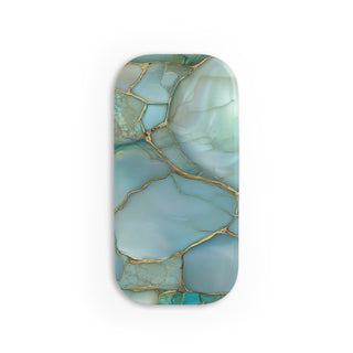 Teal marble phone grip with ochre veining on aqua stone