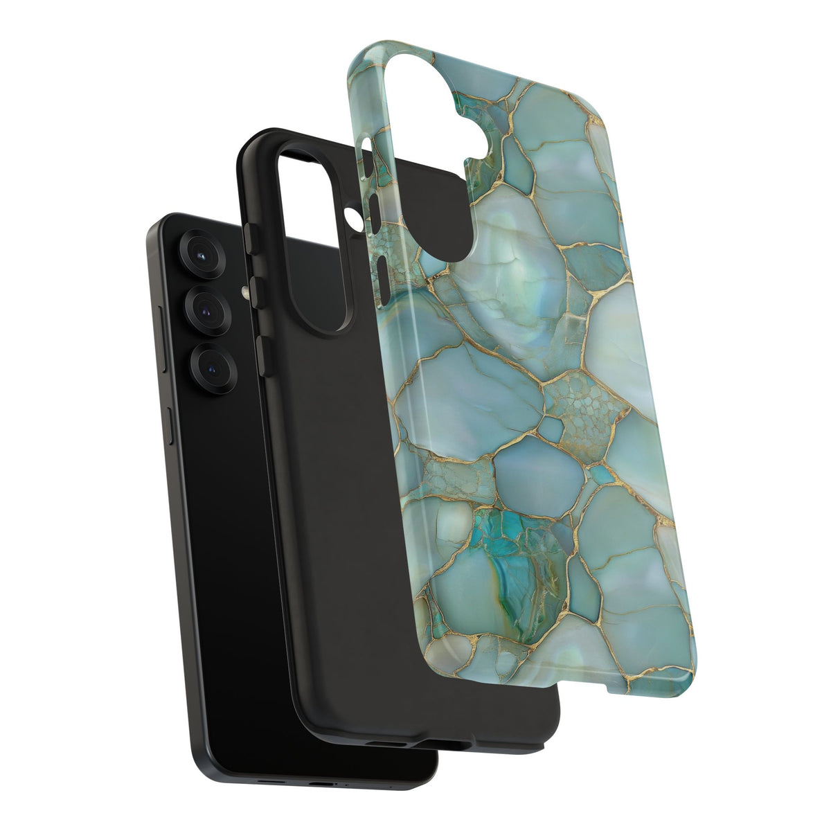 Teal marble tough phone case, angled view