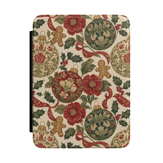 Vintage Christmas Kindle case with gingerbread men, ornaments and red flowers on cream, front view