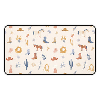 Western cowgirl desk mat in cream with horses, cowboy boots and cacti
