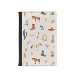 Western cowgirl passport cover in cream with horses, boots and cacti