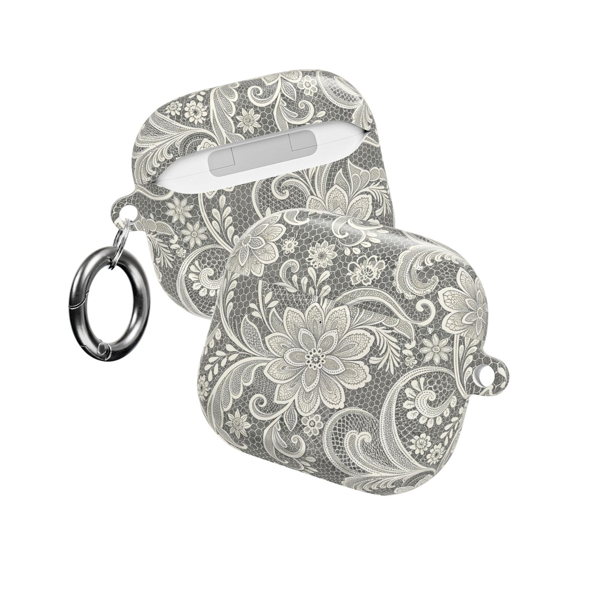 White lace print AirPod case, lifestyle view